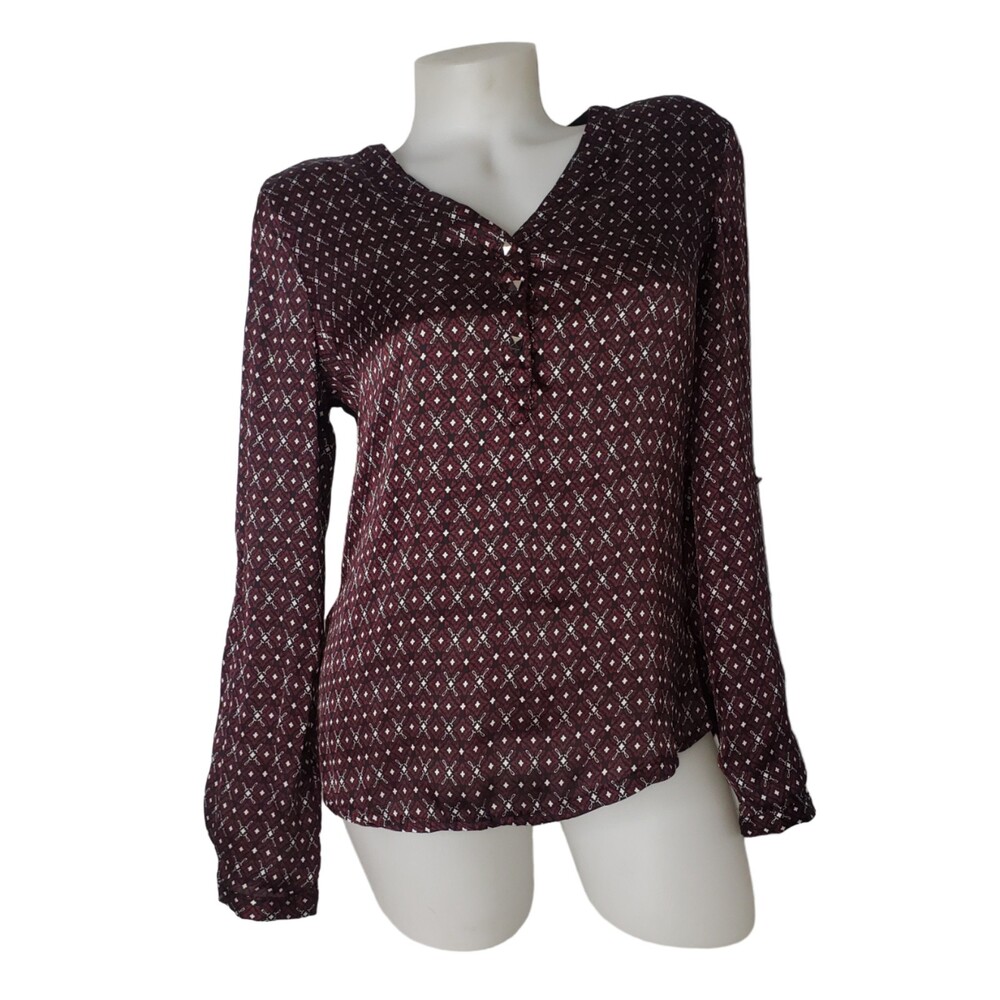 VERVE BLUES Black and Red Satin Button Front V Neck Blouse Size Small